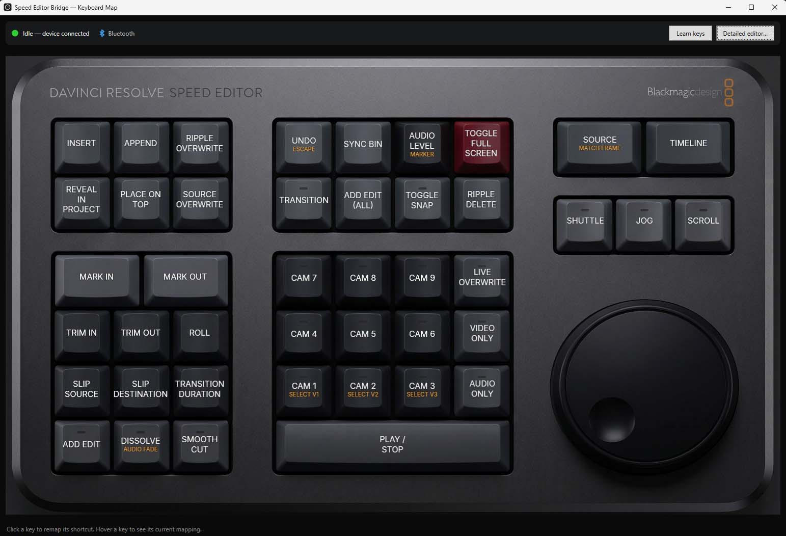 EditorBridge visual key mapping interface showing the Speed Editor controls