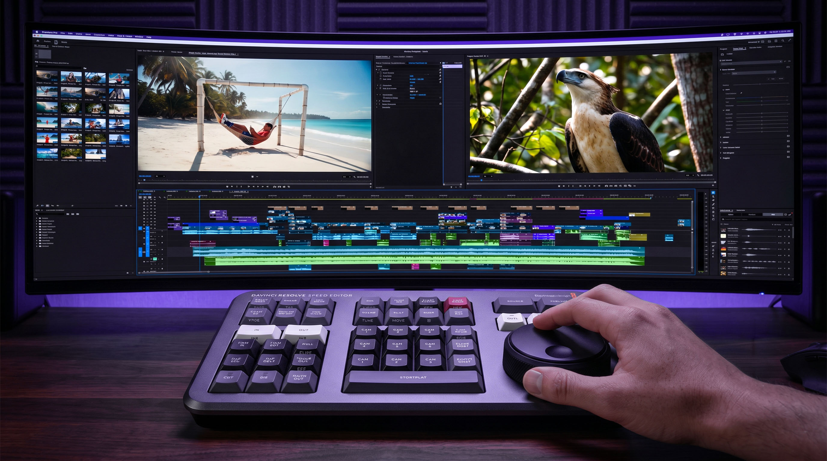 A DaVinci Resolve Speed Editor controlling an Adobe Premiere Pro timeline